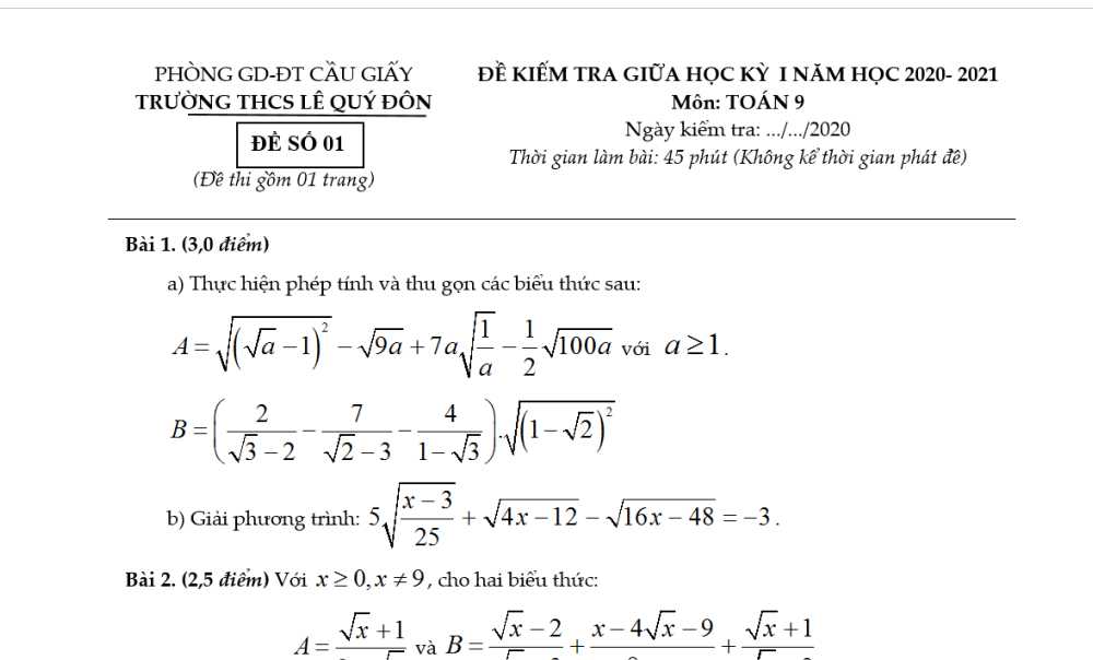 Toán 9: Đề kiểm tra giữa học kỳ 1. Trường THCS Lê Quý Đôn năm học 2020-2021